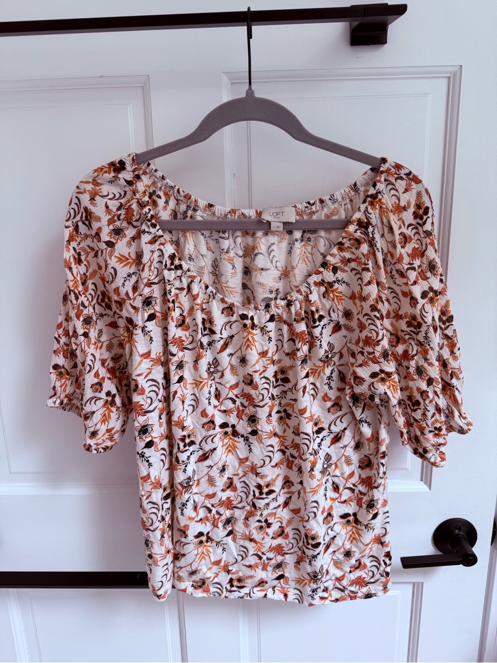 LOFT White Floral Peasant Top - Rust & Black Print